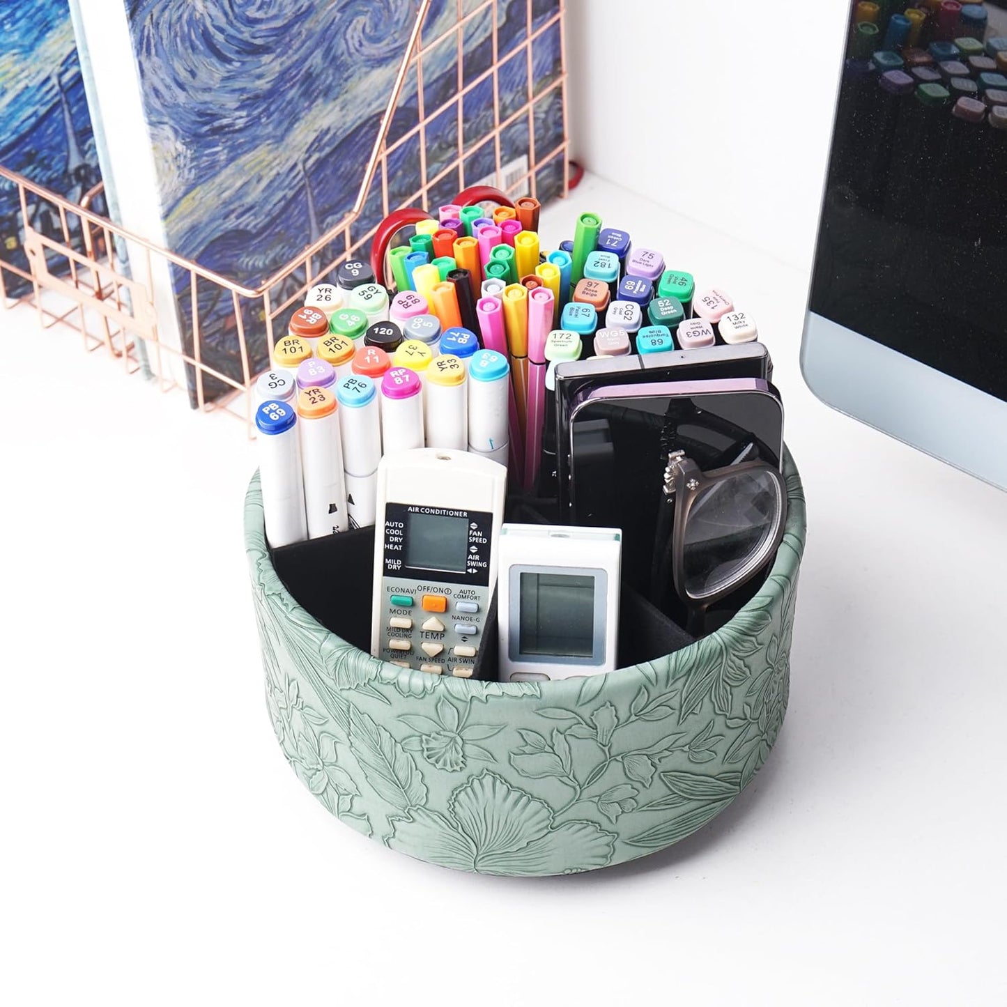 Round Leather Art Supply Organizer,Remote Control Holder,360 Degree Rotating,Multi-Functional Pencil Holder,4 Compartments Desktop Stationary Organizer(1-Fractal Flower) | Round - Colors B