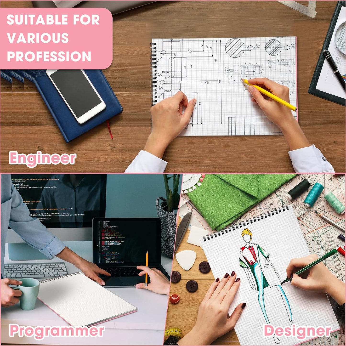Engrowtic Top Spiral Graph Paper Notebooks 8.7 X11.4 Inch A4 Grid Paper Notepad 70 Sheet Memo Steno Pad for Engineering Writing Sketching Drawing School Office Supplies (1 Pack,Black)