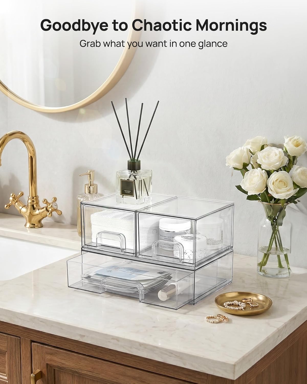 Vtopmart Stackable Storage Drawers Set of 3,Clear Plastic Organizer Bins for Makeup, Cosmetics, Beauty Supplies,Ideal for Vanity, Bathroom,Cabinet,Pantry Organization