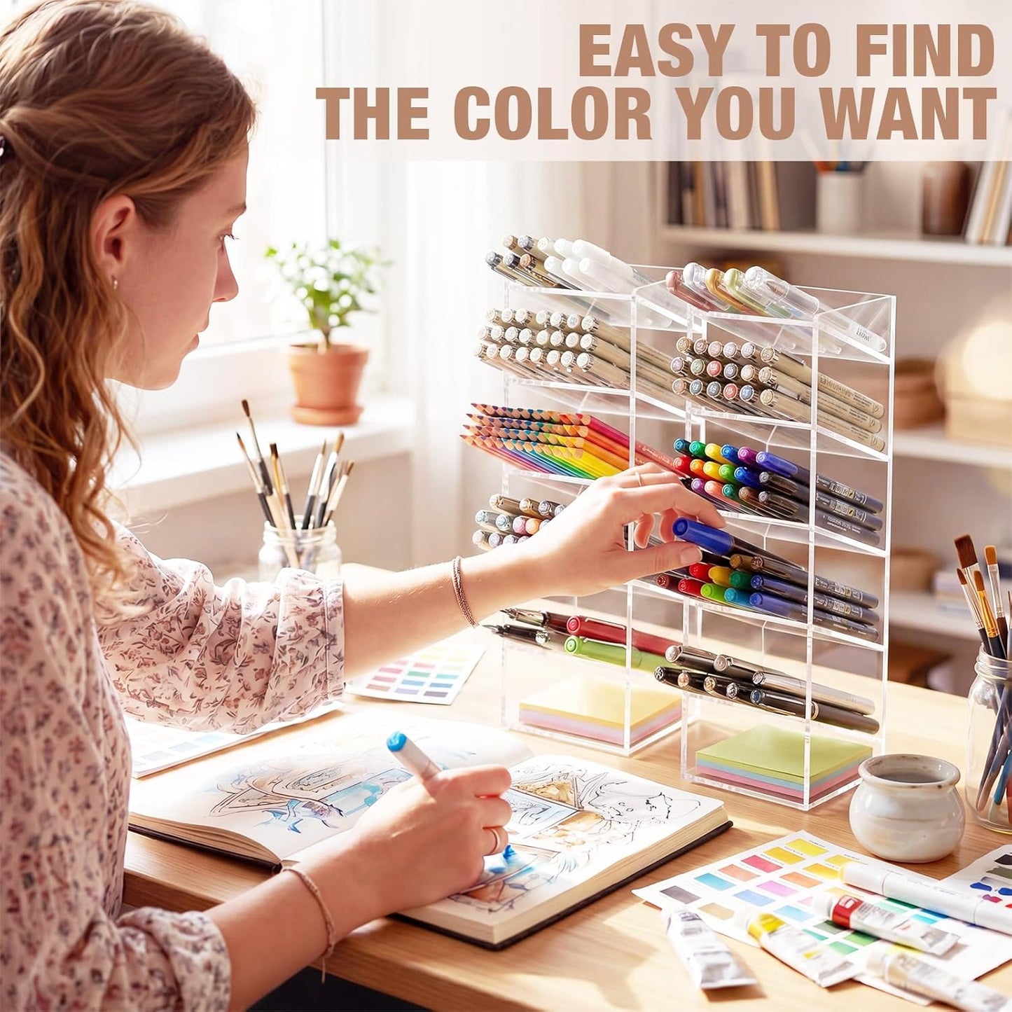 MotiMind Acrylic Pen Organizer Storage for 250 Markers Vertical Marker Organizer Acrylic Pen Display Holder for Office Desk Desktop Stationery Pencil Storage, Clear, 13 x 4 x 12.4 Inch