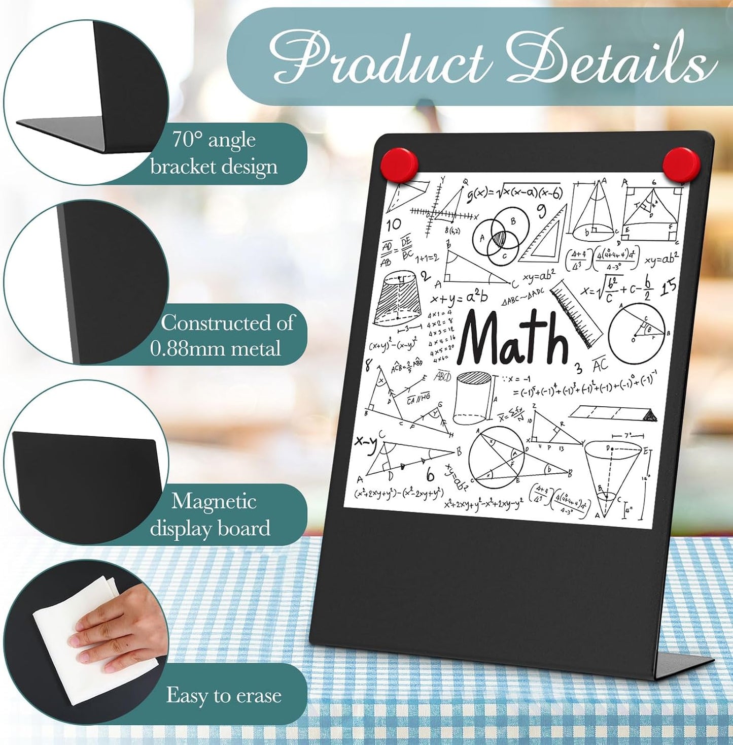 Fainne 2 Pcs Magnetic Bulletin Board with Easel Stand Mini Magnet Metal Tabletop Memo Display Board for Back to School Menu Table Office Supplies (Black,11 x 8.5 Inches)