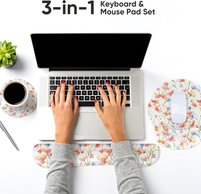 RICHEN Keyboard Wrist Rest and Mouse Pad with Wrist Support, Memory Foam Set for Gaming and Office, Comfortable & Lightweight for Easy Typing & Pain Relief (White Butterflies)