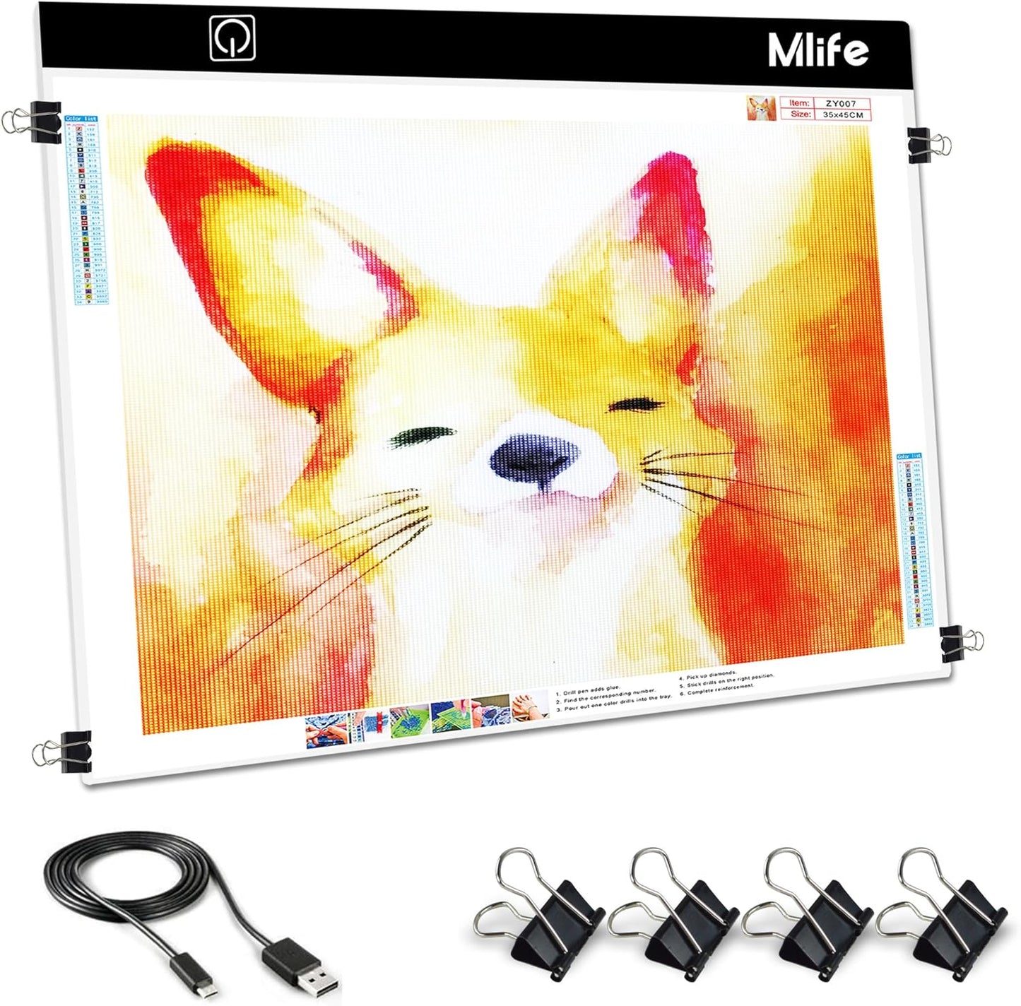 Mlife A2 LED Light Pad for Diamond Art Painting Light Board with 3 Brightness, Tracing Light Board with USB Cable & 4 Fasten Clips for Sketching, Animation, Drawing, Diamond Art Painting Supplies