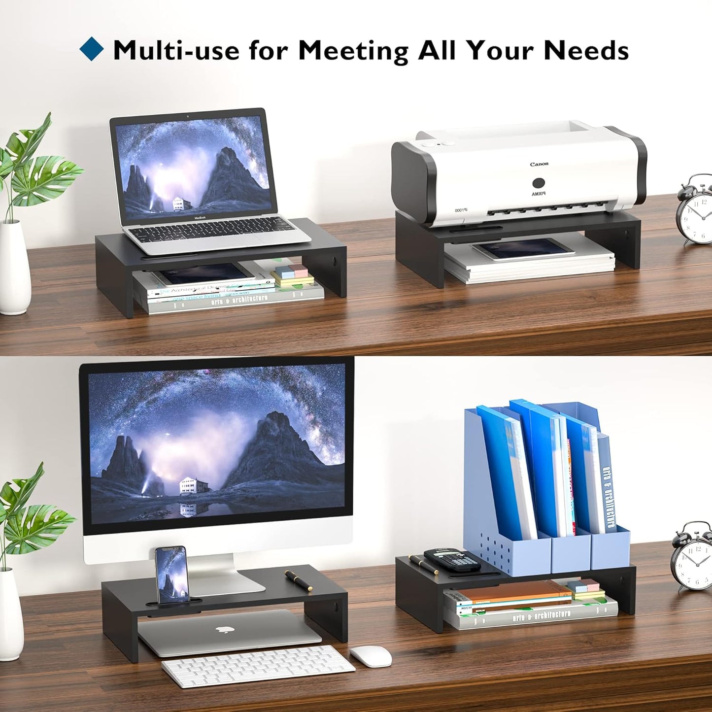 BONTEC Wooden Monitor Stand Riser for Desk, 2-Tier Computer Monitor Stand with Storage, 66 lbs Desk Shelf Organizer, Laptop & Printer Stand with Phone Holder and Cable Management, White, 16.5 Inch