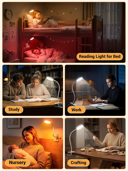 Clip on Light,10 RGB Colors+10 Brightness Clip on Desk Lamp with Clamp, 500 Lumen Bright 72 LED Desk Light, USB Adapter Reading Lights for Books in Bed/Headboard/Bedside Table/Bedroom/Dorm/Home Office