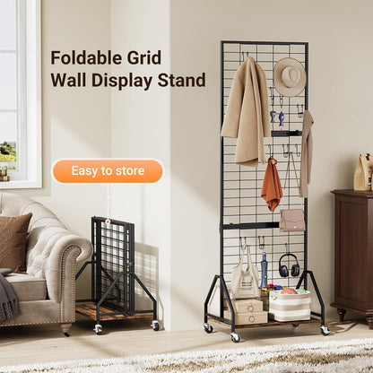 ELYKEN Foldable Grid Wall Panels 5.7' x 2' FT, Movable Wire Gridwall Display Rack with Wheels and Adjustable Foots, Retail Display Stand for Vendor with Storage (Rustic Brown)
