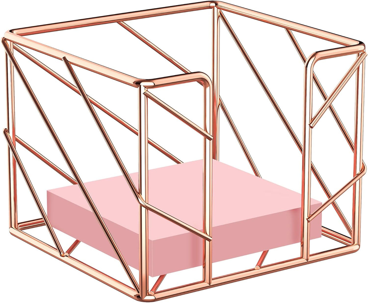 Rose Gold Geometric Sticky Note & Memo Cube Holder, Post Note Dispenser & Desk Organizer Metal Wire for Home, School, Office Supplies (Holder Only)