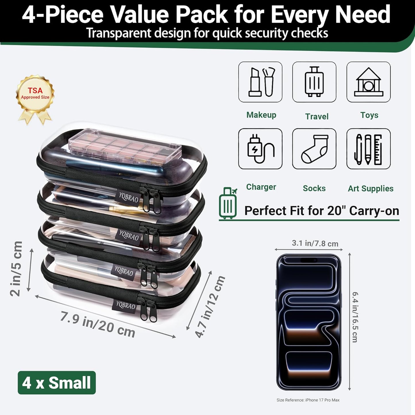 YQBRAO 6 Pack Clear Hard Shell Zipper Case, 1.2mm Heavy Duty Crush-Proof Diaper Bag Organizer Pouches, TSA Approved Travel Makeup Bag for Toiletries & Electronics, (2L, 2M, 2S) Multi-Size Storage Set