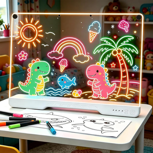 16-Inch Rechargeable Doodle Glow LED Note Board, 7-Color Light Modes, Neon Art Dry Erase Light Up Drawing Pad with Built-in Stand, Sketching Gift Toy for Kids/Girls/Teens, 5 Markers & Tracing Book