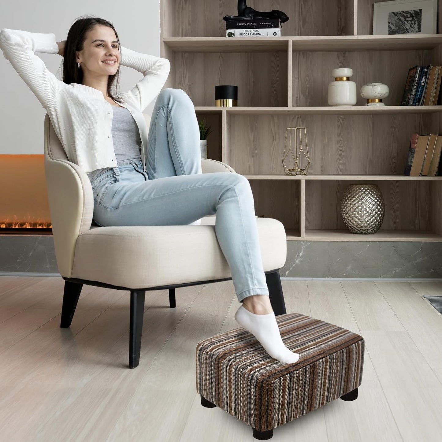 CAROLMADE Small Foot Stool Ottoman Footstool with Legs Under Desk Footrest for Living Room Bedroom and Office, Soft Ivory White