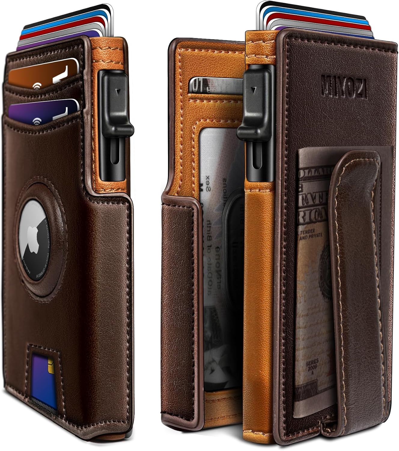 miyozi Airtag Wallet for Men,with Money Clip 10 Cards Metal Case Smart Slim Pop Up Credit Card Holder Flip with Magnetic Closure RFID Blocking wallet with Gift Box