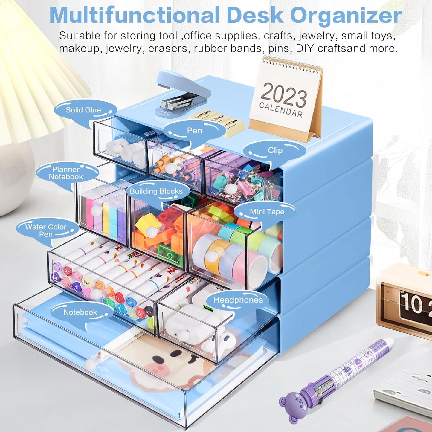 Desk Storage Organizer with 9 Drawers, 4 Tiers Stackable Desktop Craft Storage Drawers, Clear Storage Box Caddy for Stationary Makeup Jewelry Office Craft Supplies (Green)