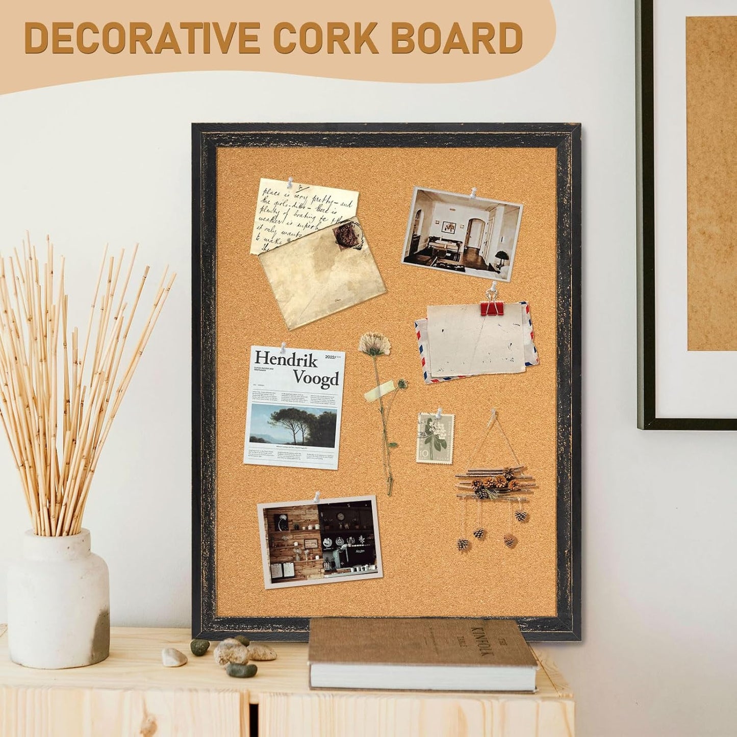 DOLLAR BOSS White Cork Board for Wall - 24 X 18 Inches, Rustic Wooden Frame Bulletin Board, Decorative Hanging Pin Board for Office & Home Decor
