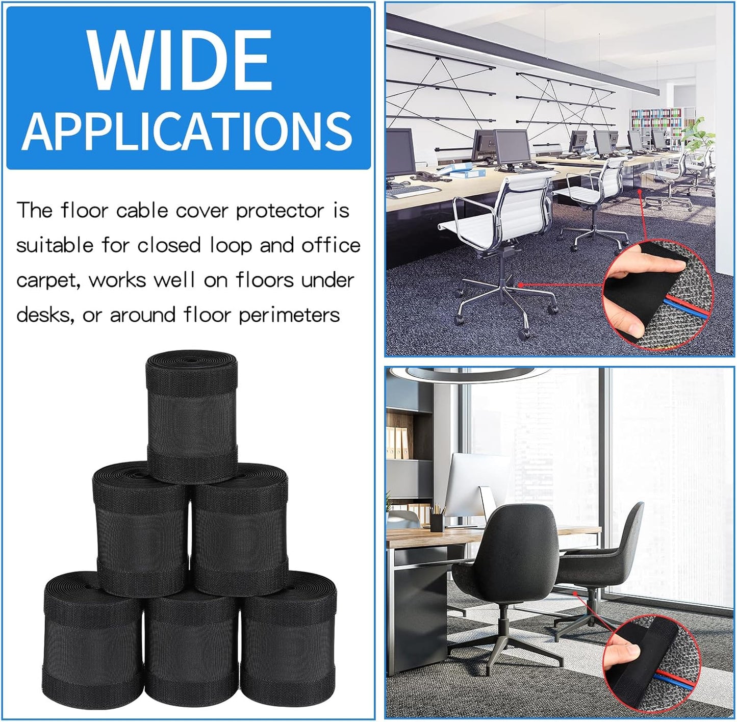 WILLBOND Carpet Cord Cover Cable Protector Floor Cover Cable Protector Management Only for Commercial Office Carpet(19.69 ft,Black)
