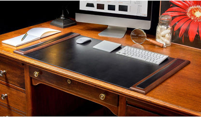 DACASSO Wood & Leather Desk Pad with Side Rails - Luxury Leather Desk Blotter for Writing - Padded Executive Desk Surface Protector - (Walnut & Black, 34” x 20”)