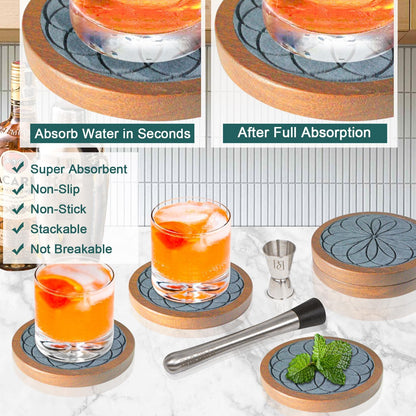 Wood Coasters for Drinks, Minacun Absorbent Coaster Sets of 5, Drinks Coasters for Coffee Tabletop Protection, Non-Slip, Non-Stick, Suitable for Kinds of Cups Wooden Table Drink, 4.3 Inches Black