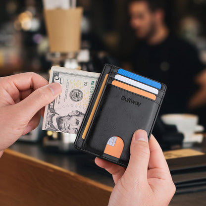 Buffway Slim Minimalist Front Pocket RFID Blocking Leather Wallets for Men and Women - Carbon Fiber Black - Colors A