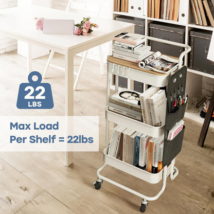 DTK 3 Tier Metal Utility Rolling Cart with Table Top and Side Bags, Tray Storage Organizer Wheels, Art Craft 4 Hooks for Kitchen Bathroom Office Living Room (Black)