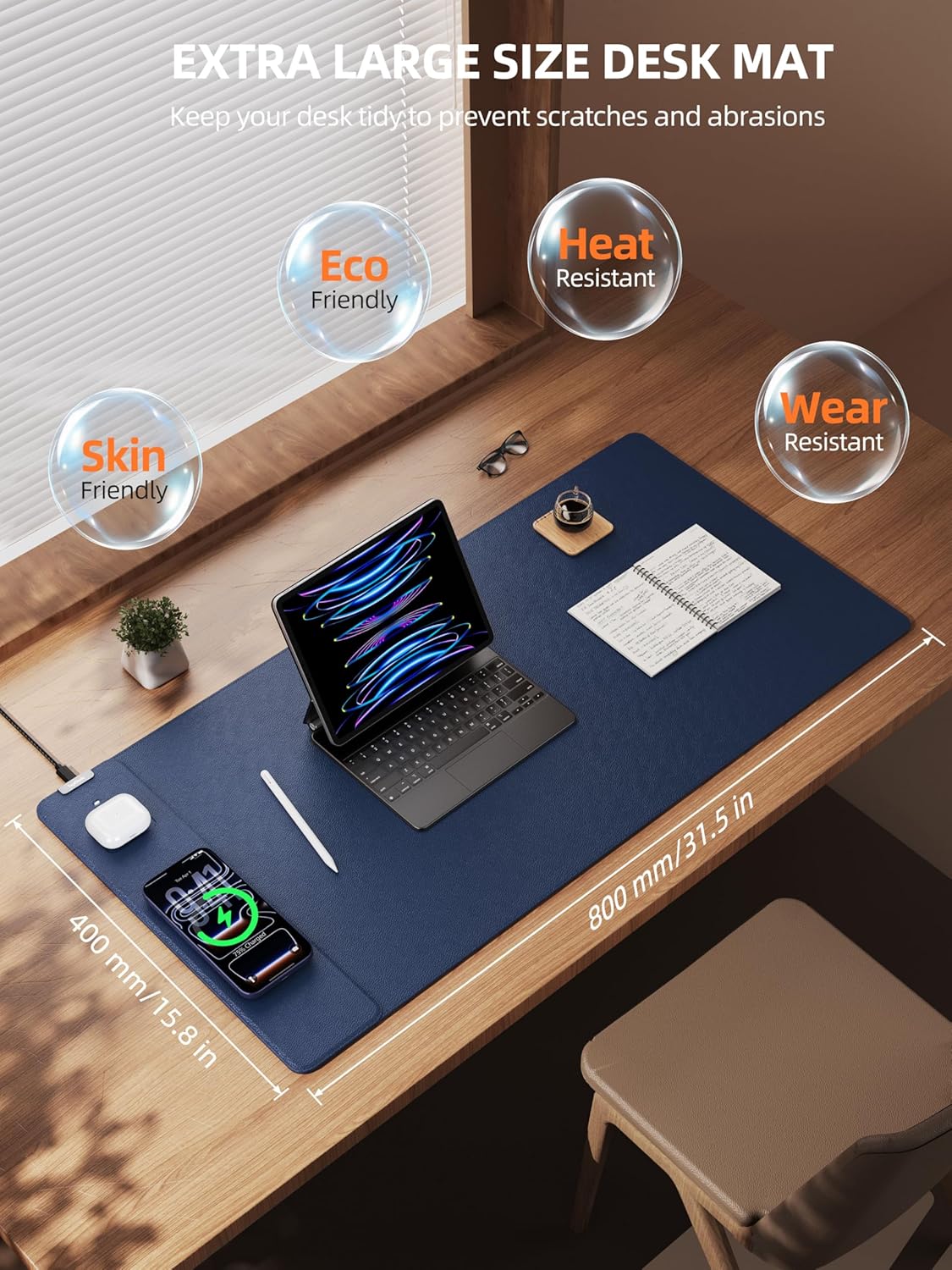 TopMade Mouse Pad with 15W Wireless Charging, XXL Large Leather Desk Mat, Waterproof Gaming Mousepad Home Office Desk Pad Protector, Computer Keyboard Pad, Mouse Mat for MacBook, PC, Laptop, Black