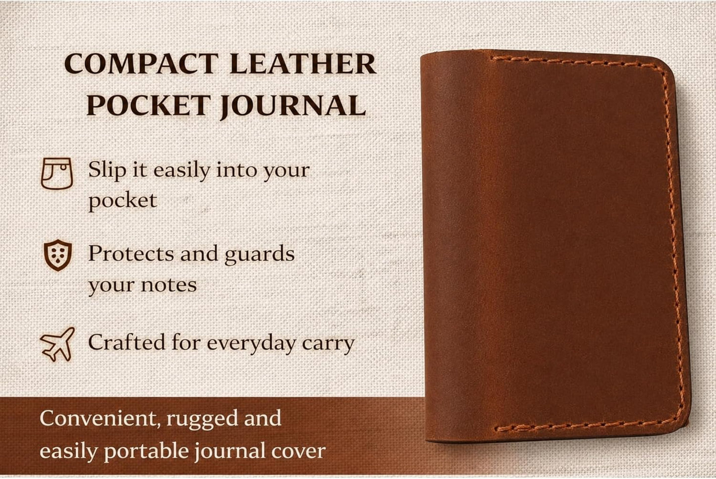 Leather Journal Cover for 2.5 x 4 Inches Pocket Notebooks – Handmade Refillable Mini Notebook Cover – Compatible with Outus, Qeeenar & Similar Small Journals, Travel Memo Pads & Pocket Diaries