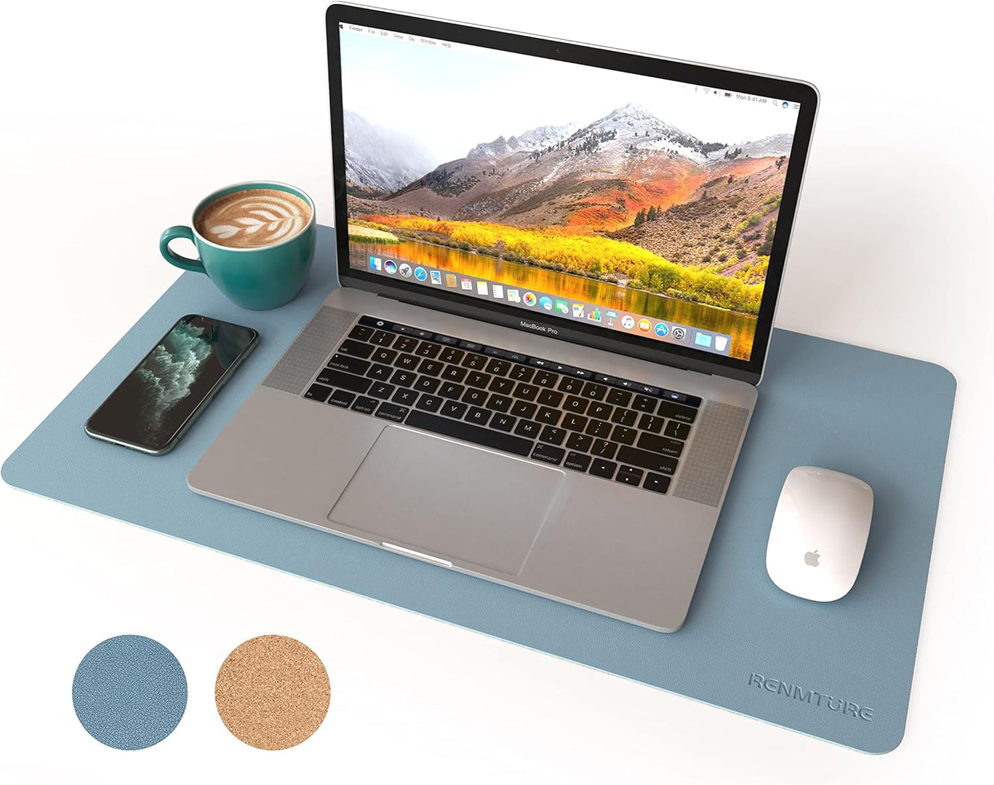 RENMTURE Dual-Sided Mouse Pad, Natural Cork & PU Leather Large Desk Pad for Office and Home Work, Desk Protector Non-Slip, Waterproof, Easy Clean (Olive Green, 32"x16")