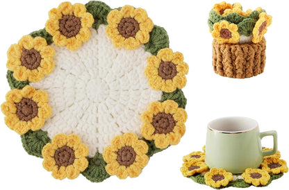 Flower Crochet Coasters, Handmade Bouquet Blanket Coaster with Crochet Plant Pot Fun Soft Decorative Drink Coasters for Coffee Tabletop Protection and Home Decor (Pink, 1Pc)