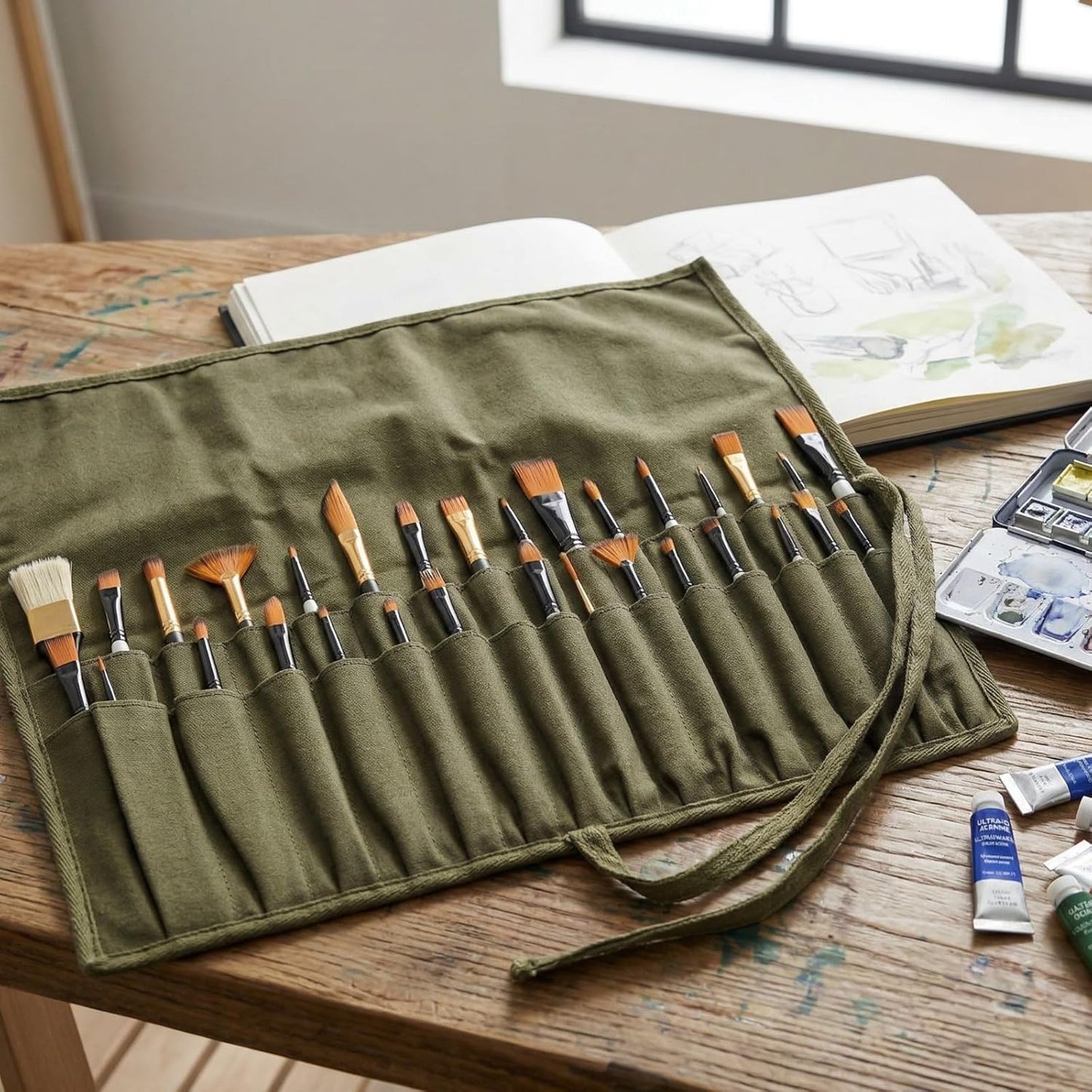 Liquidraw 30 Pocket Canvas Paint Brush Holder - Natural | 21" x 18" | Roll Up Brush Storage Pouch | Ideal Case for Paintbrush & Art Tool Storage | Easy to Carry | Also Great for Storing Makeup Brushes