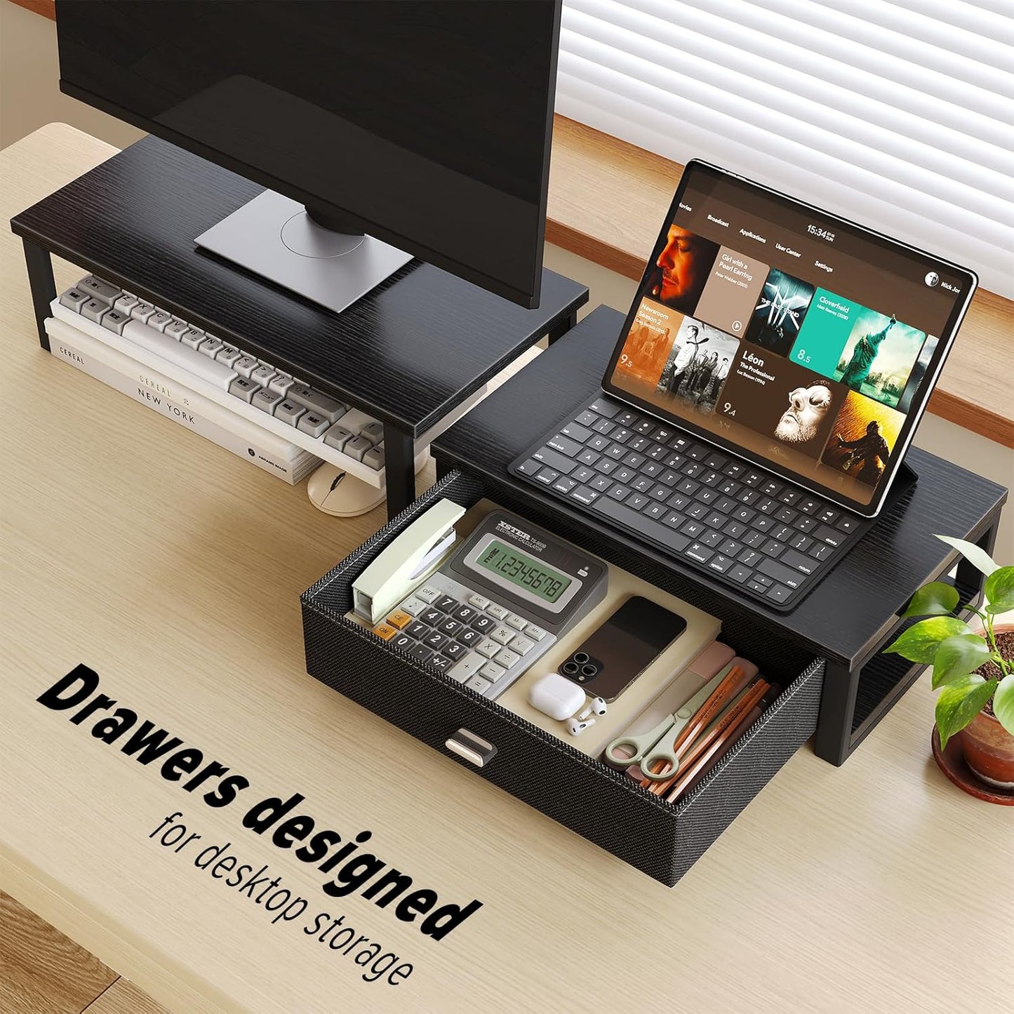 WOHOMO Dual Monitor Stand Riser with Drawers, Desk Organizers for 2 Monitors, Desktop Storage Stand for Computer,Laptop,Walnut