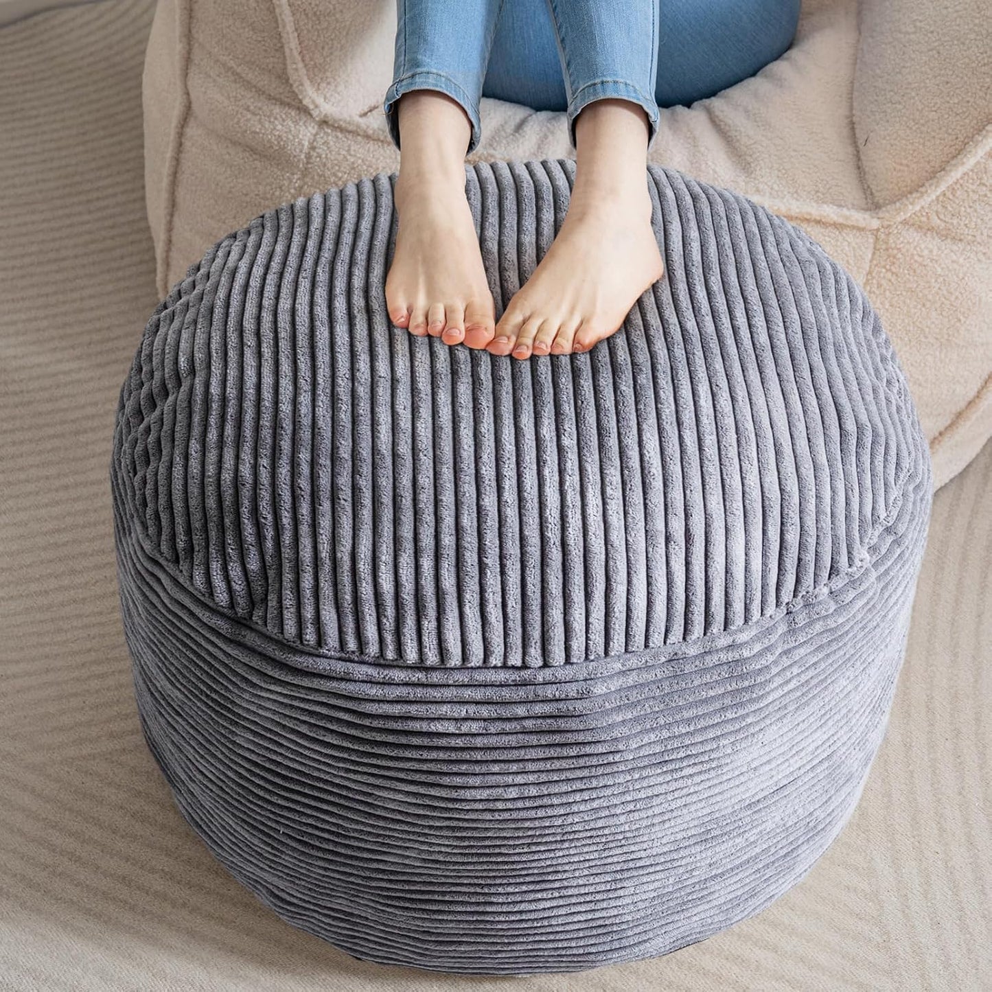 HIGOGOGO Round Stuffed Pouf Ottoman, Corduroy Poufs with Foam Chunk Filling, Furry and Fluffy Pouf Foot Stool Storage Ottoman, 20 X 15 Floor Poufs Foot Rest for Living Room, Dark Grey