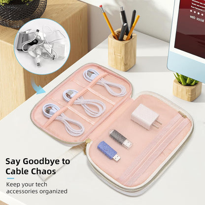 Electronics Organizer Travel Case, Charger Bag Cord Organizer Travel, Compact Tech Pouch Cable Organizer Bag for Charger, Cords, Phone, Headphones, Flash Drive, SD Card (Pink, Small-Double Layer)