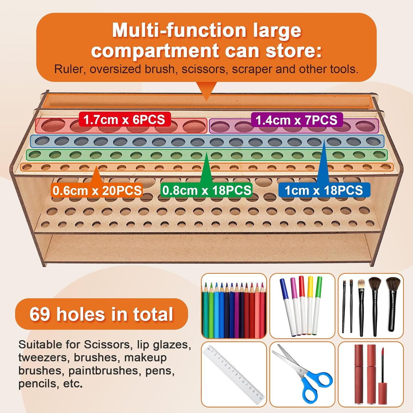 Wooden Paint Brush Holder with Wood Glue 69 Holes MDF Paintbrush Holder Organizer Artist Brush Holder Paint Brush Stand Rack for Artist Brushes Pens Pencils