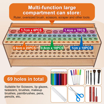 Wooden Paint Brush Holder with Wood Glue 69 Holes MDF Paintbrush Holder Organizer Artist Brush Holder Paint Brush Stand Rack for Artist Brushes Pens Pencils