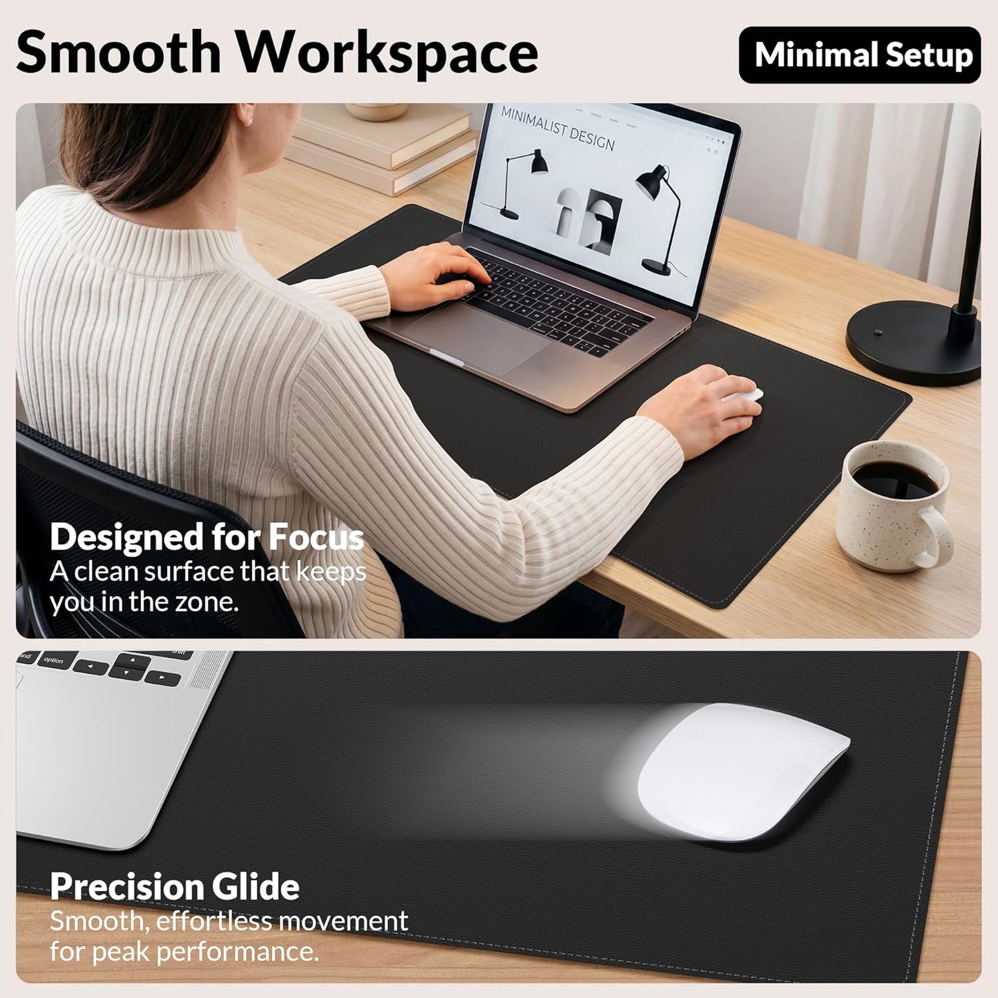 AFIING Large Desk Mat 47" x 17", Dual-Sided Natural Cork & PU Leather Desk Pad, Non-Slip Waterproof Mouse Pad for Office, Home & Gaming, Black