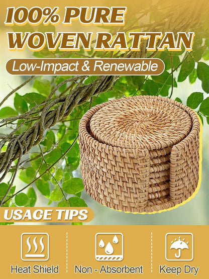 6pcs Natural Handmade Rattan Coasters with Holder - Wicker Drink Coasters Set, Housewarming Gifts Boho Summer Home Coastal Decor
