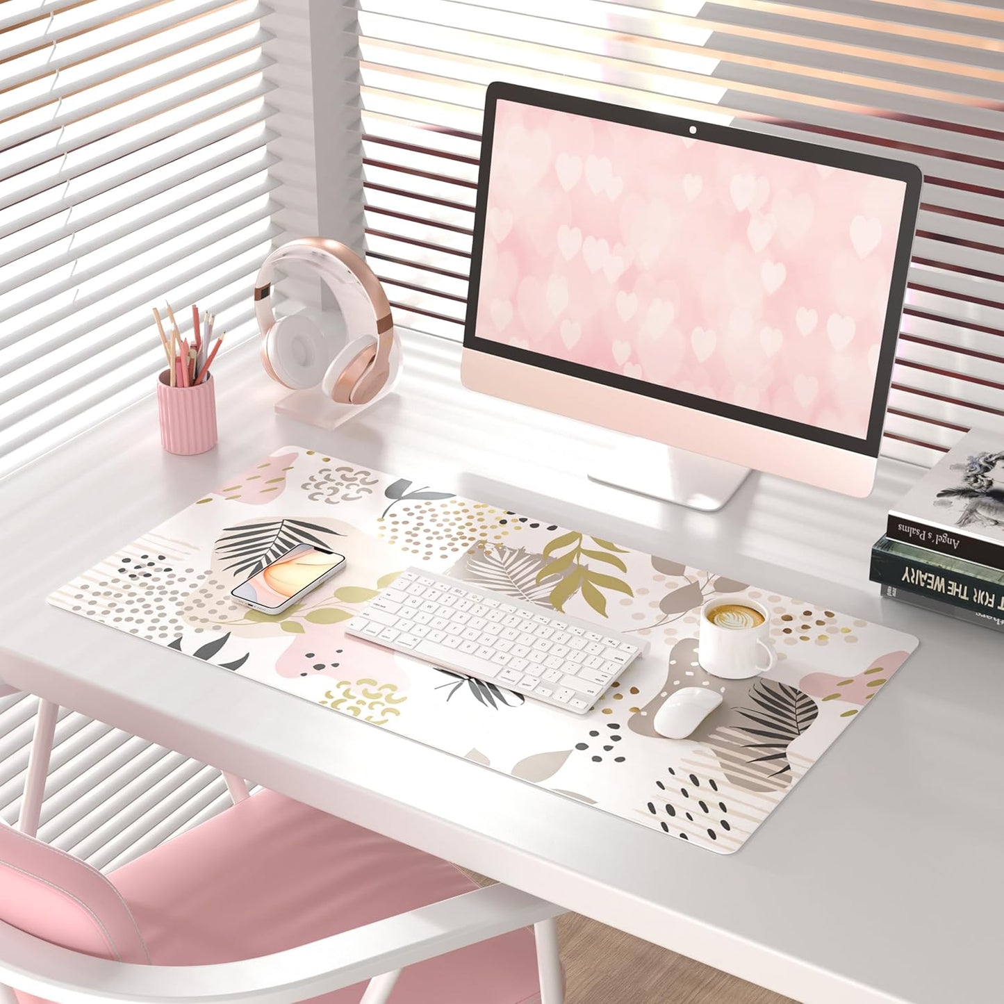 QIYI Large Mouse Pad, Cute Pink Desk Mat for Desktop, Women Girls PU Leather Desk Pad Waterproof Gaming Mousepad, Rose Gold Marble Computer Protector Writing Pad for School Office Home 31.5" x 15.7"
