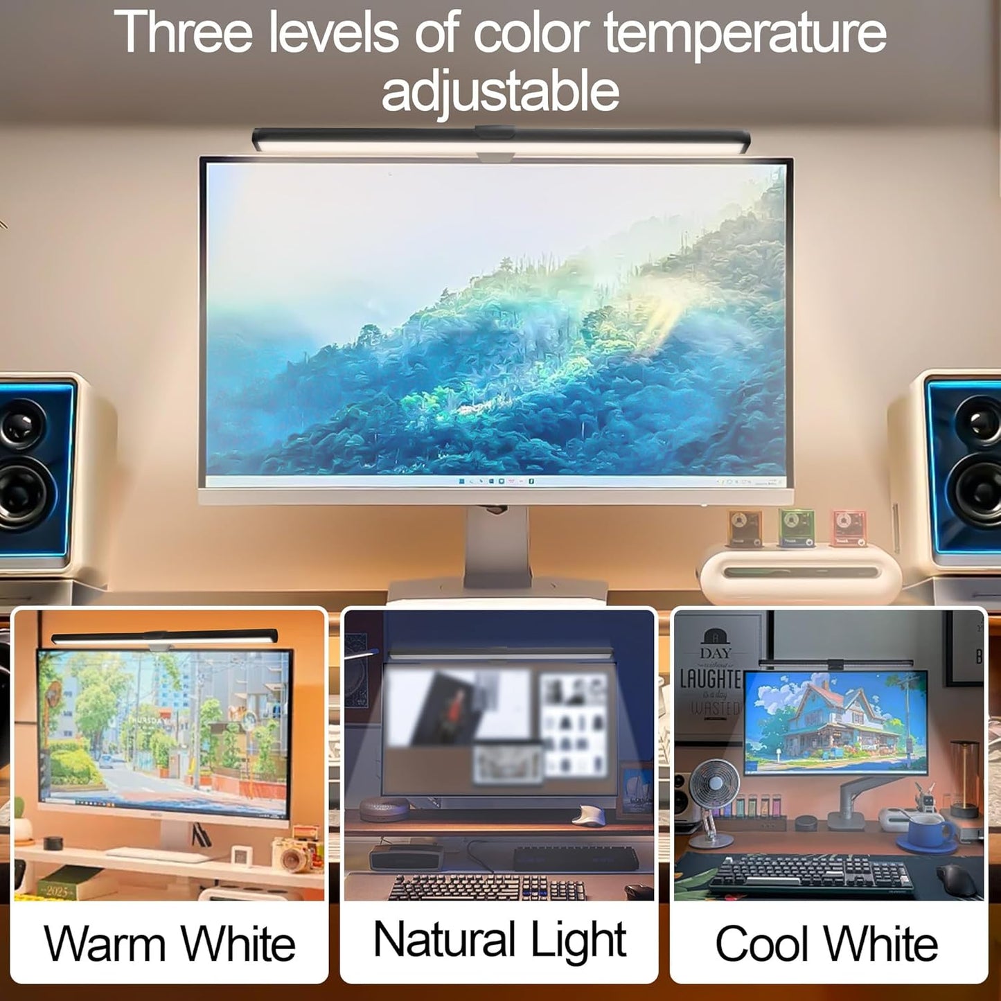 Dual-Sided Screen Light Bar, RGB Atmosphere Backlight & 3 Color Temperatures, Touch Control Non-Magnetic Lamp for Low-Light Eye Care