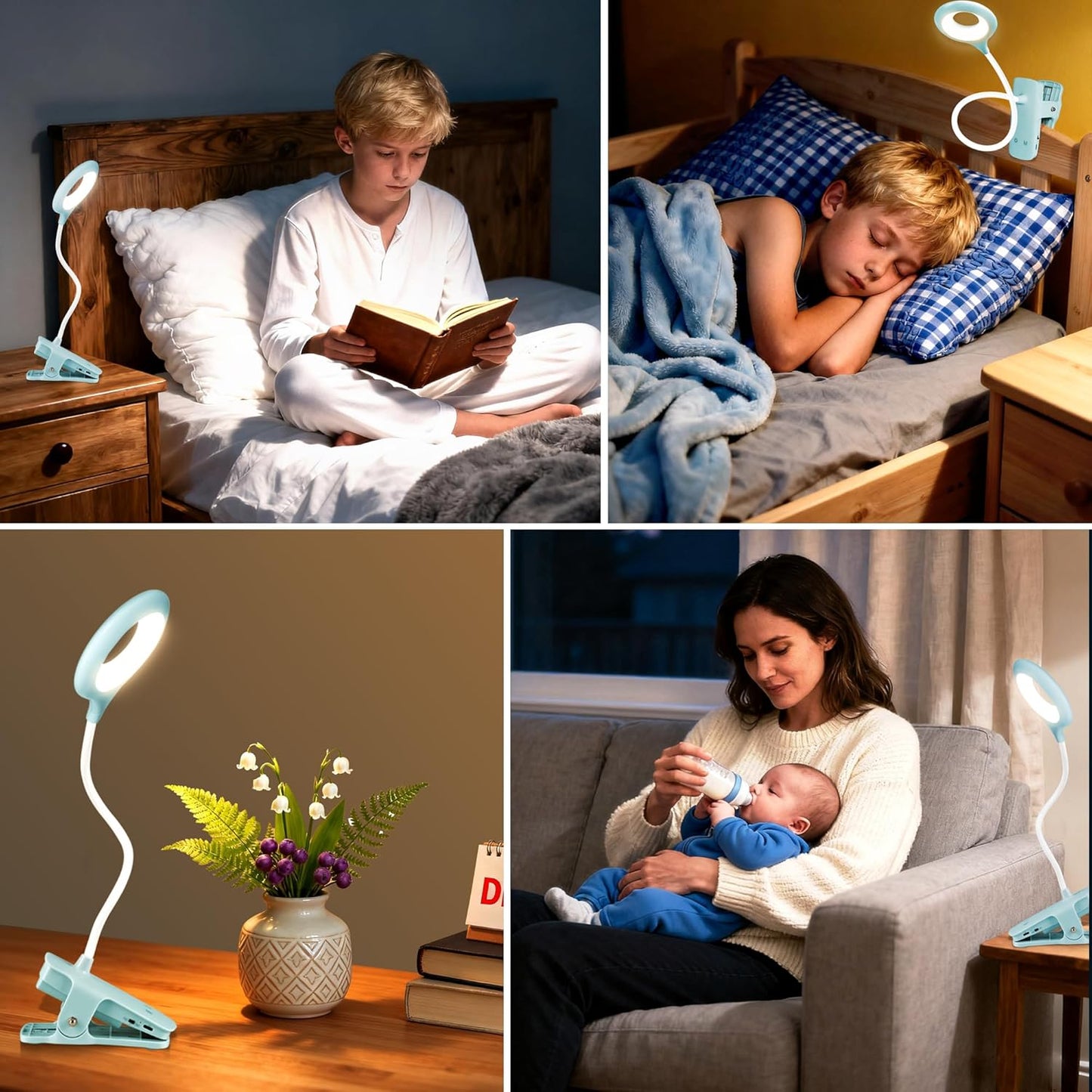 Akynite Desk Lamp LED Clip on Light, 5 Modes 5 Brightness Dimmable Clamp Light, Rechargeable Battery Flexible Clip on Reading Lamp for Bed Headboard Bunk Bed at Night for Kids (Black)