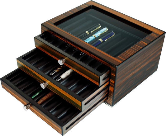 Stackable Wooden Display Case with Drawer – Slot Ebony Pen Cabinet, Luxury Fountain Pen Storage Box with Glass Window for Collection (2)