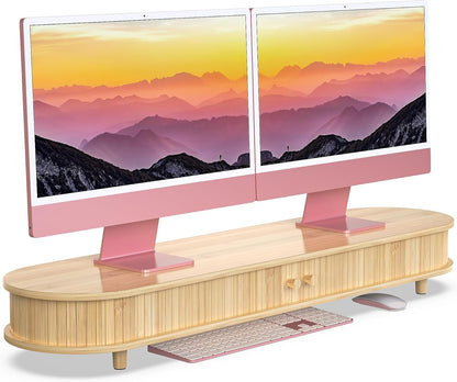 Bamboo Monitor Stand with Storage, Curved Computer Laptop Stand Desk Shelf Organizer with Sliding Doors (25 inch)