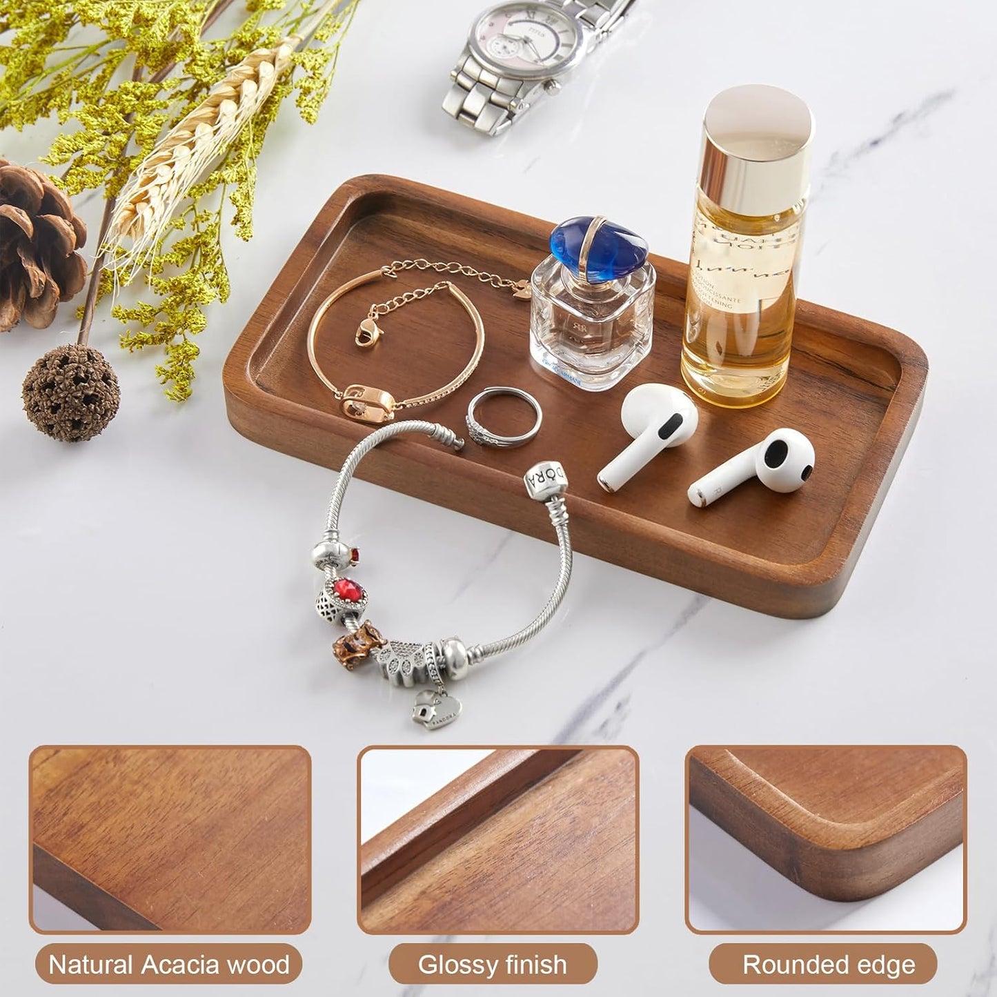 ALELION 8" Acacia Wood Bathroom Vanity Tray for Counter - Dresser Top Tray for Perfume Jewelry Candle Key Catchall - Small Kitchen Countertop Organizer for Soap Dispenser and Sponge Holder
