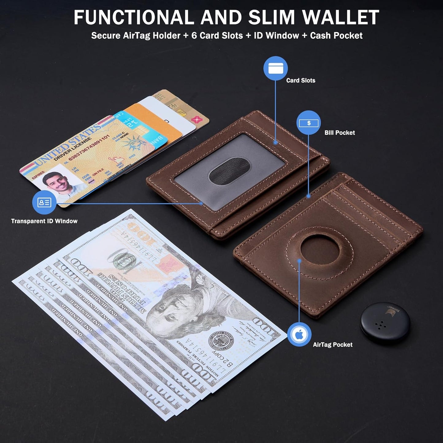 Wallet with Airtag Holder Genuine Leather Wallets Slim Minimalist Card Holder RFID Blocking Card Wallet Compatible with AirTag
