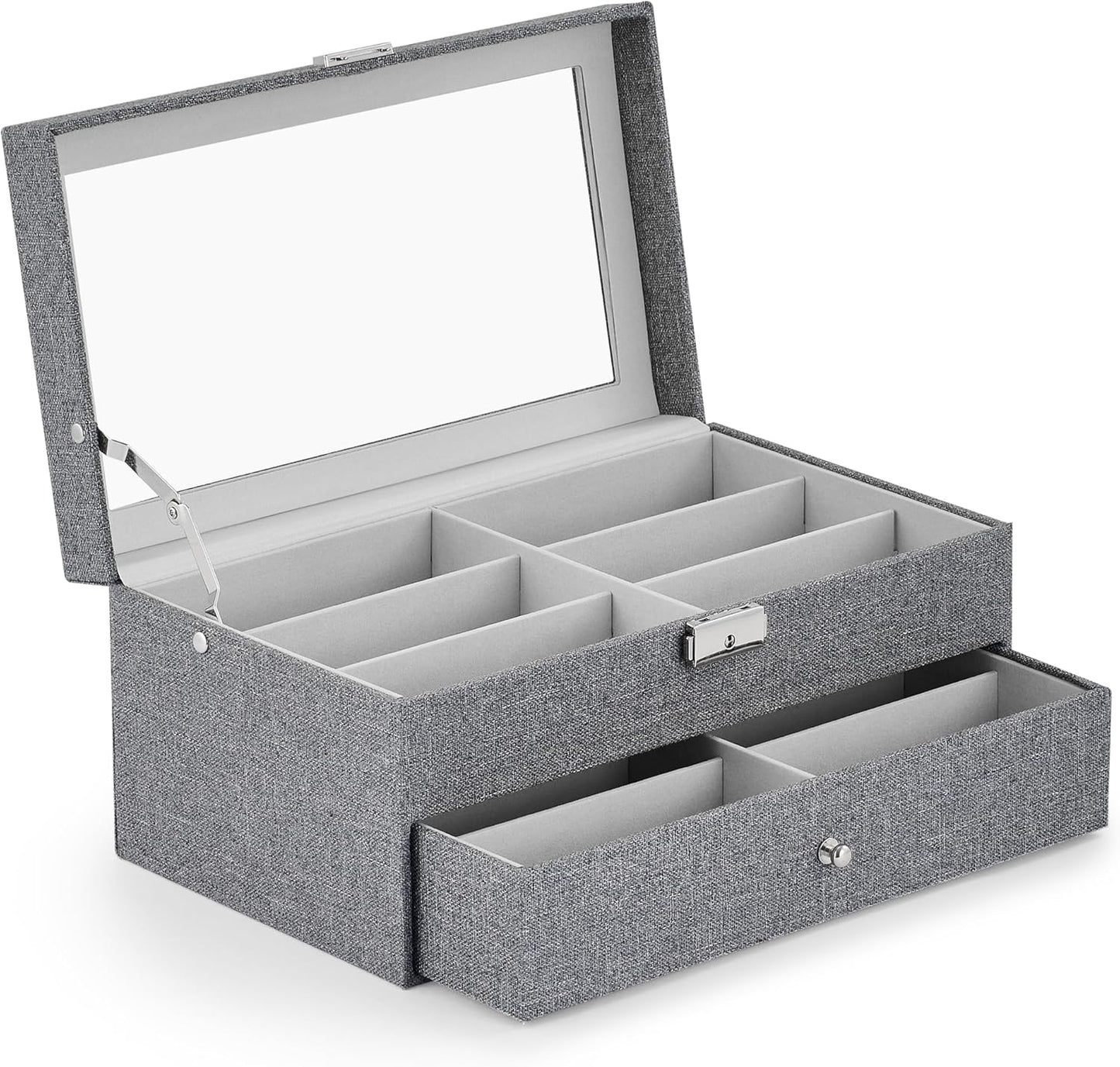 CO-Z Sunglasses Organizer with 12 Slots, Multiple Eyeglasses Eyewear Display Case for Women Men, 2 Story Leather Multi Sunglasses Jewelry Collection Holder with Drawer