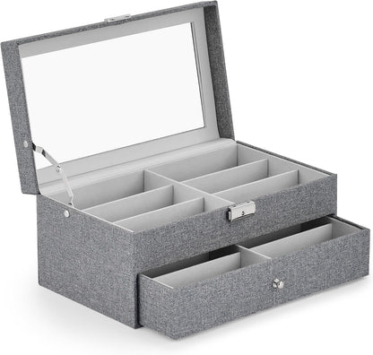 CO-Z Sunglasses Organizer with 12 Slots, Multiple Eyeglasses Eyewear Display Case for Women Men, 2 Story Leather Multi Sunglasses Jewelry Collection Holder with Drawer