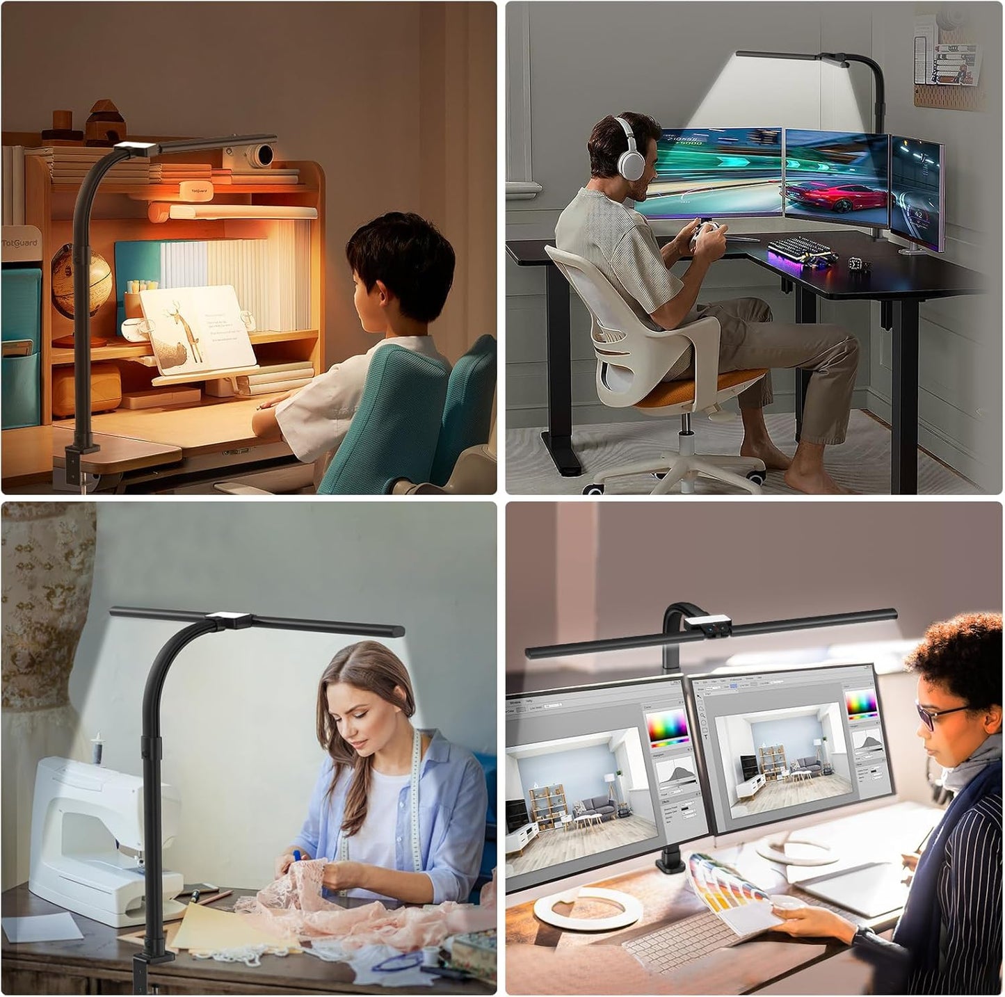 AKRRYR LED Desk Lamp for Home Office, Double Head 24W with Base, Architect Light 5 Lighting Brightness Flexible Gooseneck Table Reading Study, Black