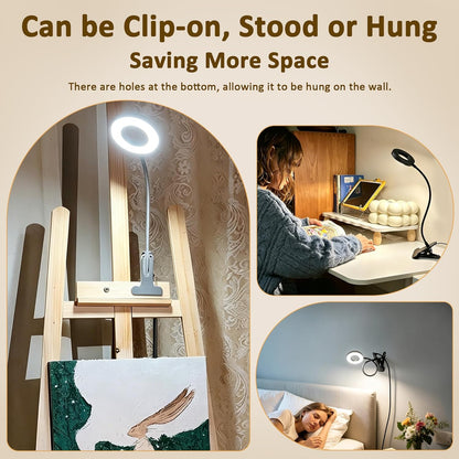 Akynite Desk Lamp Clip on Light, 48 LED USB Clamp Lamp with 5 Color Modes 10 Brightness Levels, 360° Flexible Gooseneck Eye Protection Reading Book Lights for Home Office Study, Adapter Included