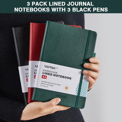 NIRMIRO 3 Pack Pocket Notebook Journals, Small Notepad Notebooks for Note Taking, A6 Mini Note pads with Pen Holder, 408 Lined Pages, 3.7" x 5.7", Black, Brown, Blue
