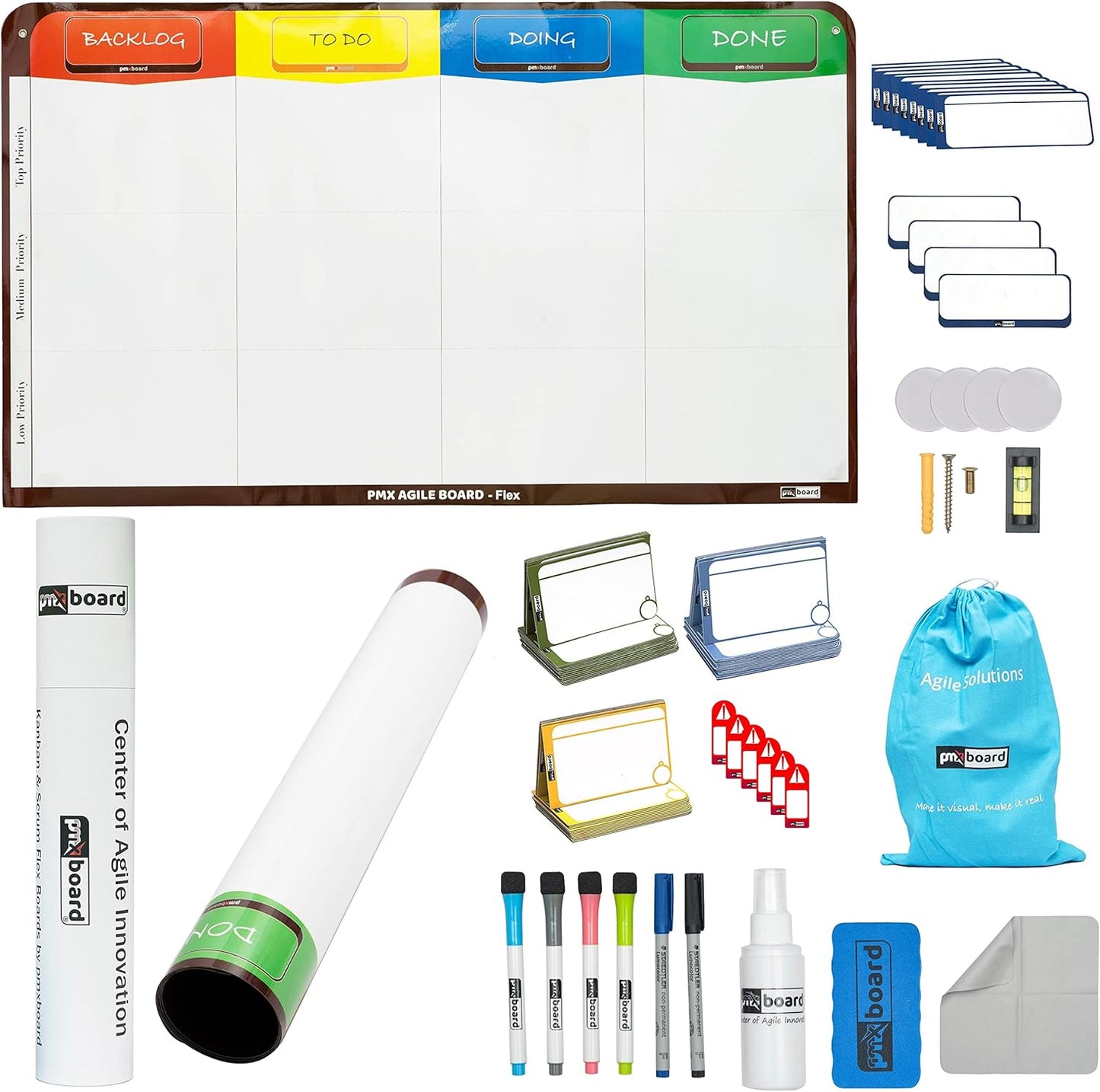 4 Column Magnetic Kanban Board, Scrum Board Flex Whiteboard Kit. Agile Kit, 64 Magnetic Kanban Cards Kit, Scrum Cards Set. Project Management Board for Project Planning, Kanban Whiteboard Kit