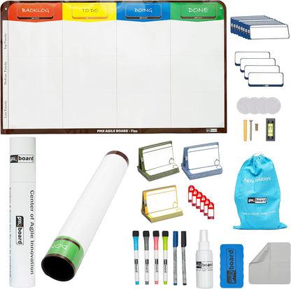 4 Column Magnetic Kanban Board, Scrum Board Flex Whiteboard Kit. Agile Kit, 64 Magnetic Kanban Cards Kit, Scrum Cards Set. Project Management Board for Project Planning, Kanban Whiteboard Kit