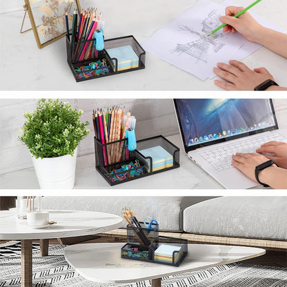 Black Mesh Pen Holder - Multipurpose Mesh Desk Organizers Large Capacity Office Supplies with Sticky Notes Holder and 3 Compartments 4 Non-slip Mats Easy Storage Suitable for School, Home