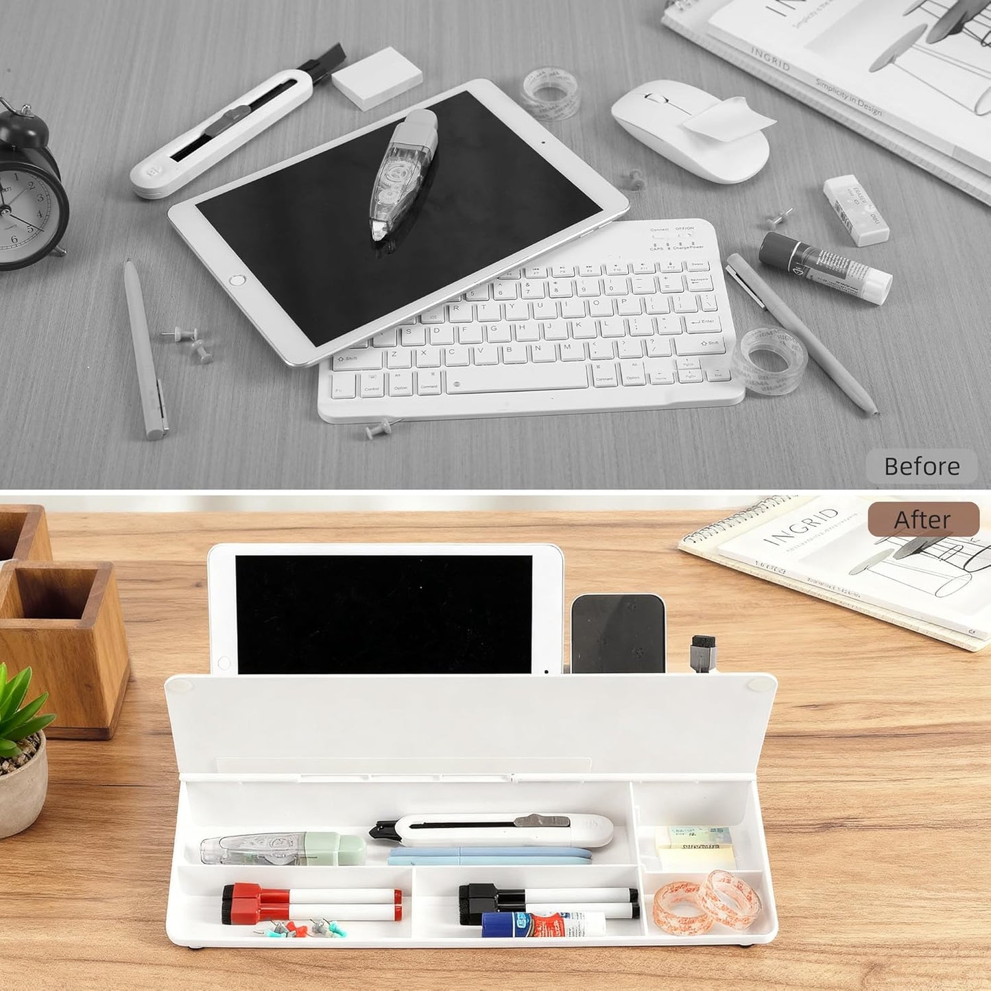 VUSIGN Small Dry Erase Board with Storage, 6.8" x 15.8" Glass Desk Whiteboard, Desk Board with Computer Keyboard Stand & Built-in Drawer, Includes 4 Markers, 1 Eraser for Office, Home, School